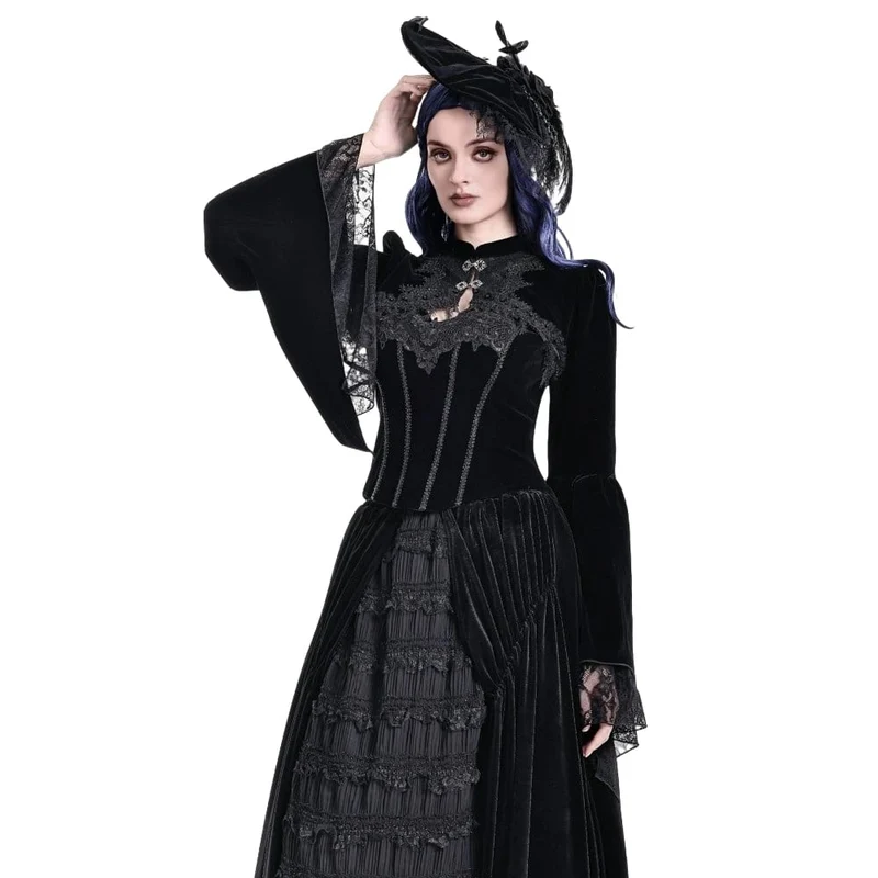 Gothic-Umhang aus Samt für Damen mit Spitzenapplikationen, ausgestellten Ärmeln.