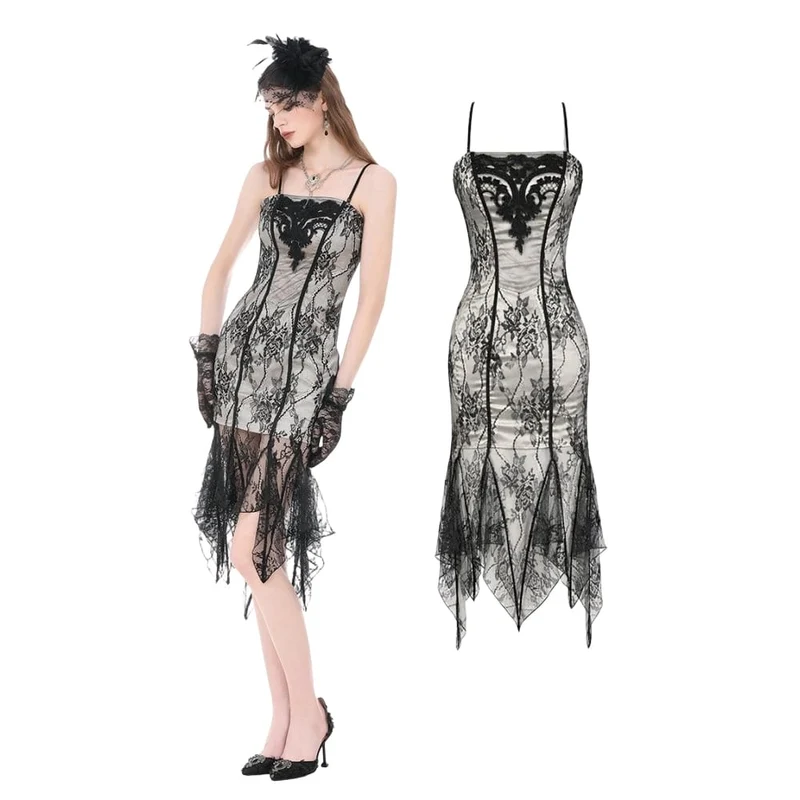 Gothic-Kleid für Damen mit floraler Stickerei, Spitze und unregelmäßigem Saum