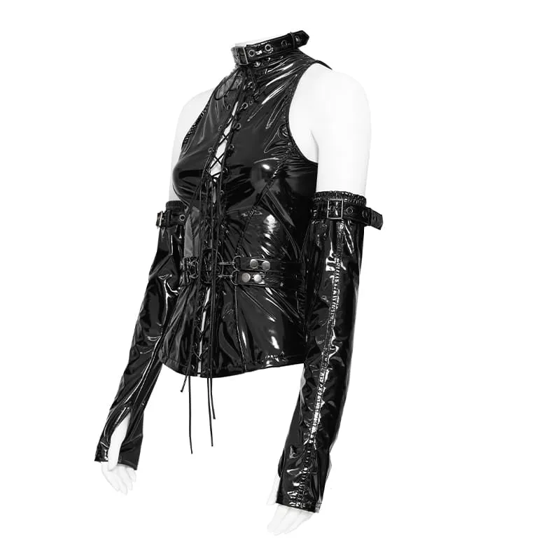 Punk-Weste für Damen mit hohem Kragen, Schnürung, Taillengurt und Armstulpen