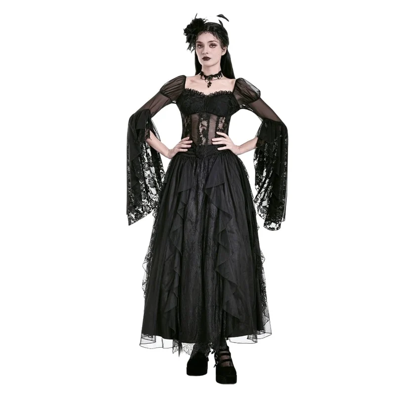 Gothic-Retro-Maxirock aus Rüschen, mehrlagiger Spitze und Mesh für Damen