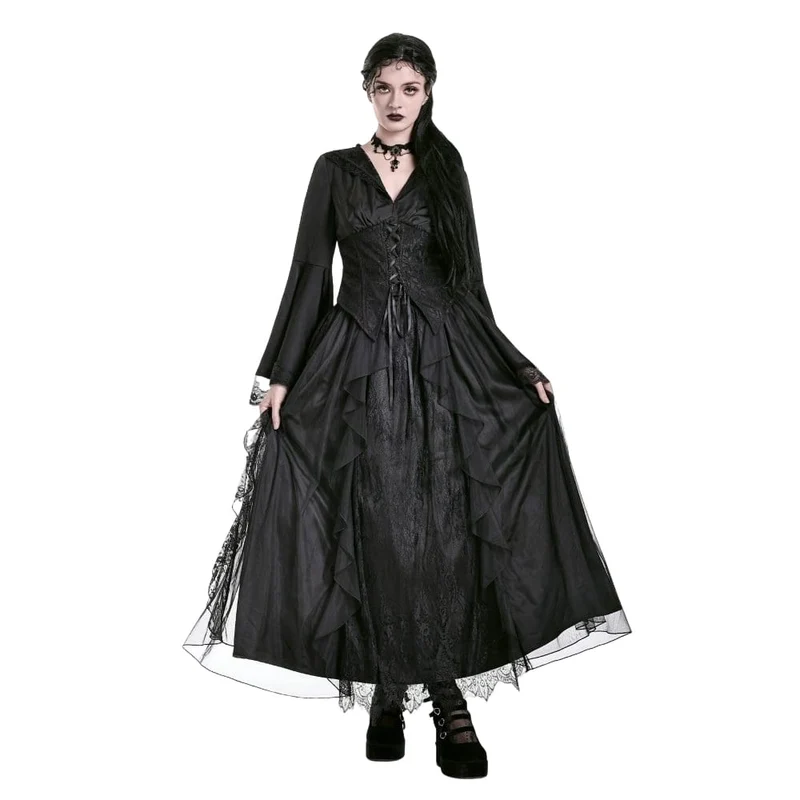 Gothic-Retro-Maxirock aus Rüschen, mehrlagiger Spitze und Mesh für Damen