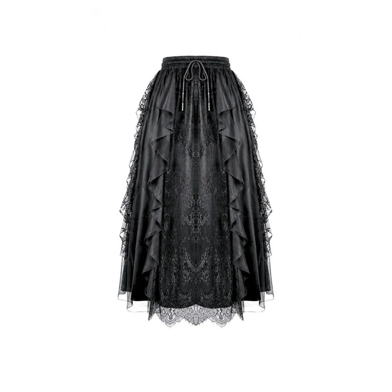 Gothic-Retro-Maxirock aus Rüschen, mehrlagiger Spitze und Mesh für Damen