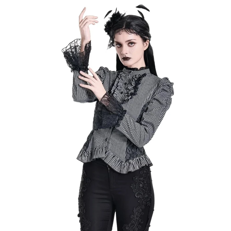 Gothic-Bluse für Damen mit Rüschen, Spitzen-Patchwork und Nadelstreifen, langen Ärmeln