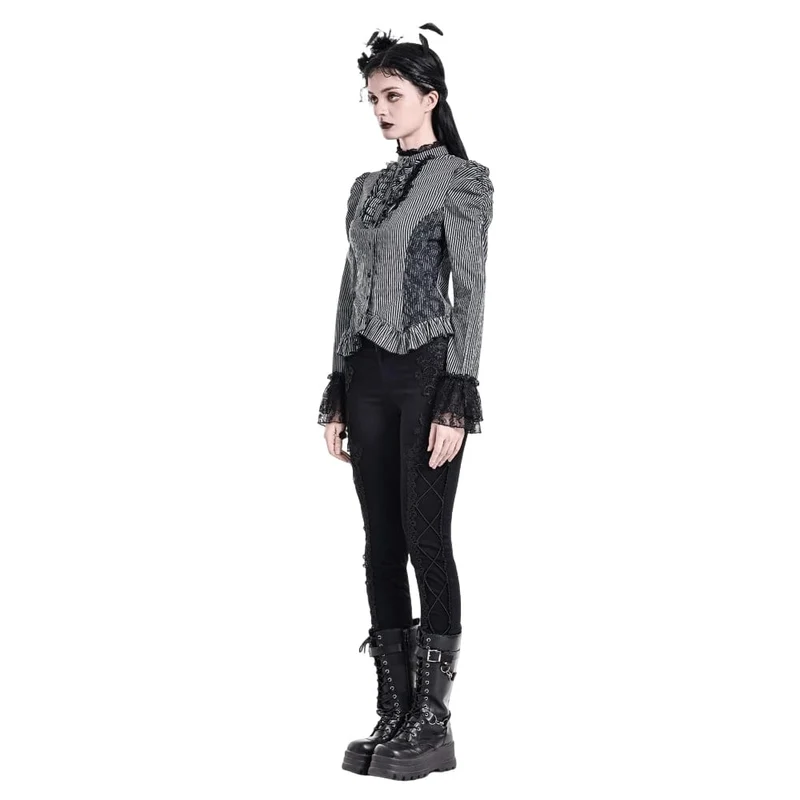 Gothic-Bluse für Damen mit Rüschen, Spitzen-Patchwork und Nadelstreifen, langen Ärmeln