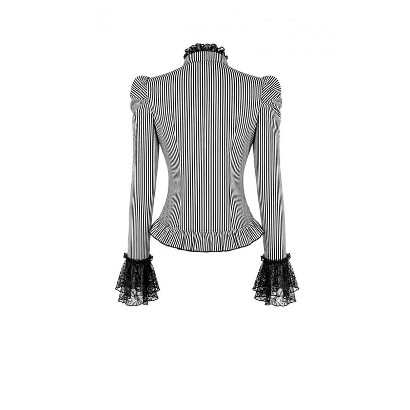 Gothic-Bluse für Damen mit Rüschen, Spitzen-Patchwork und Nadelstreifen, langen Ärmeln