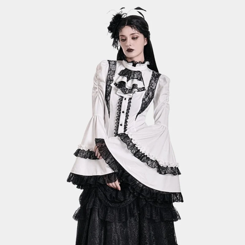Gothic-Bluse für Damen mit Spitzeneinsatz, Rüschen, kontrastfarbenen Glockenärmeln und abnehmbarem Halsband