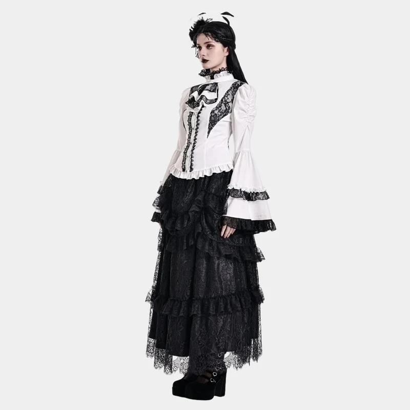 Gothic-Bluse für Damen mit Spitzeneinsatz, Rüschen, kontrastfarbenen Glockenärmeln und abnehmbarem Halsband