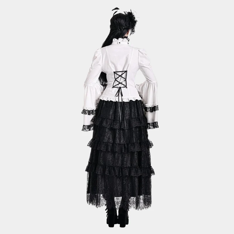 Gothic-Bluse für Damen mit Spitzeneinsatz, Rüschen, kontrastfarbenen Glockenärmeln und abnehmbarem Halsband