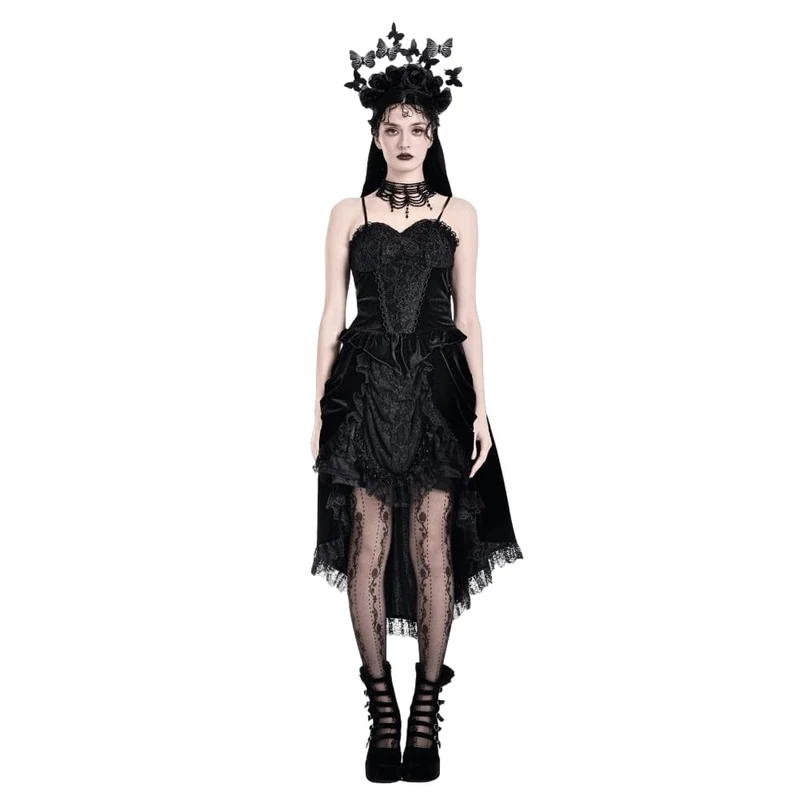 Gothic Crop-Top für Damen mit Blumenmuster, Schmetterlingsmotiv, Spitze und Samt