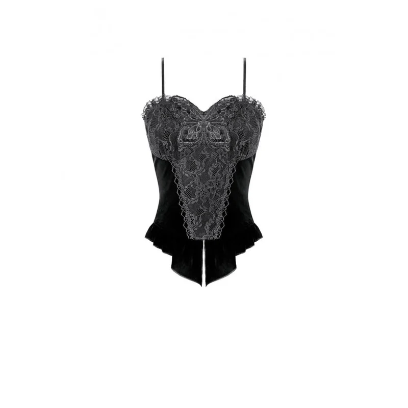 Gothic Crop-Top für Damen mit Blumenmuster, Schmetterlingsmotiv, Spitze und Samt
