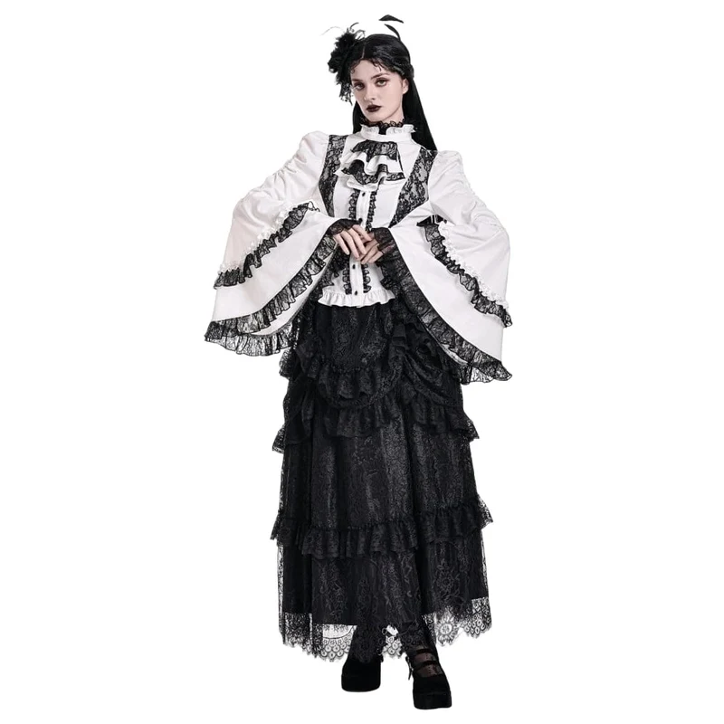 Gothic-Maxirock für Damen mit mehreren Lagen, Rüschen und floraler Spitze