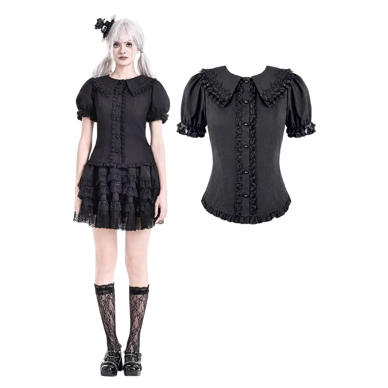 Gothic-Bluse für Damen mit Rüschen, Peter-Pan-Kragen, Puffärmeln und kurzen Ärmeln