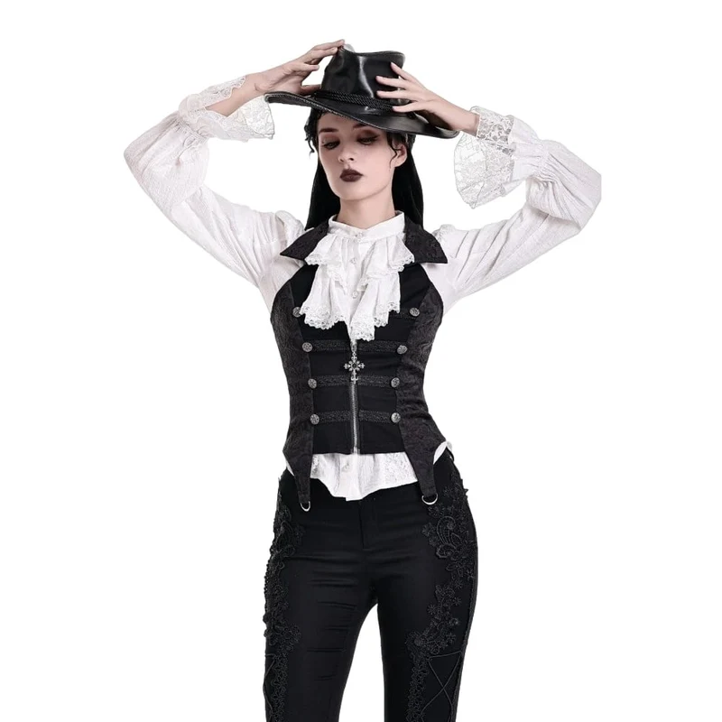 Gothic-Weste für Damen mit Neckholder, Reverskragen und Reißverschluss aus Jacquard-Stoff