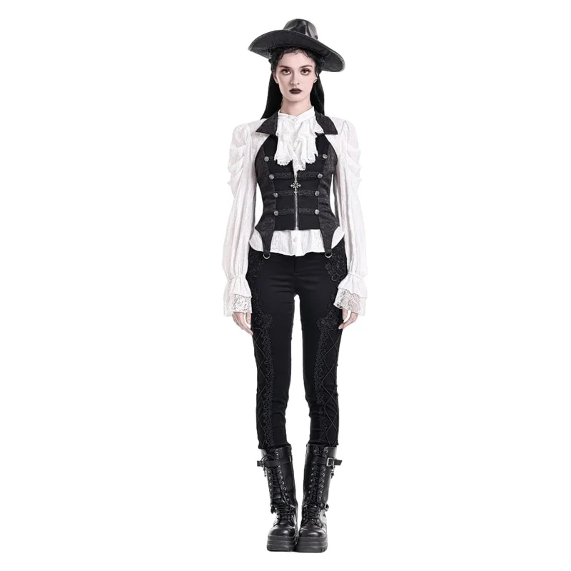 Gothic-Weste für Damen mit Neckholder, Reverskragen und Reißverschluss aus Jacquard-Stoff