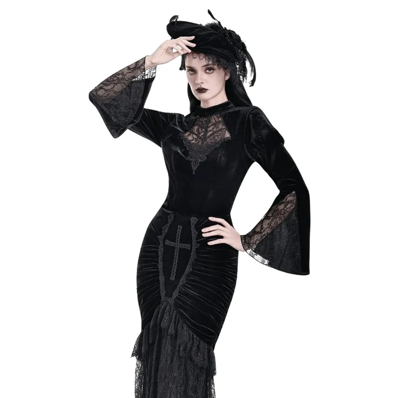 Gothic-Damen-Samttop mit Spitzenapplikationen, Stehkragen und ausgestellten Ärmeln