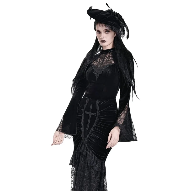 Gothic-Damen-Samttop mit Spitzenapplikationen, Stehkragen und ausgestellten Ärmeln