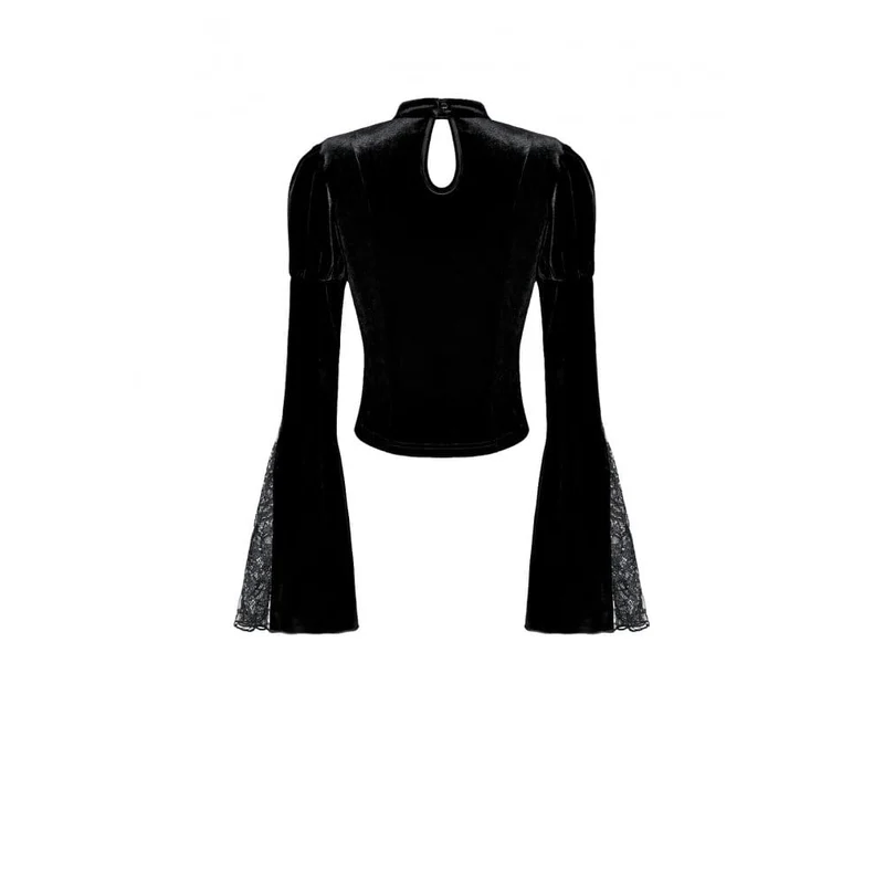 Gothic-Damen-Samttop mit Spitzenapplikationen, Stehkragen und ausgestellten Ärmeln