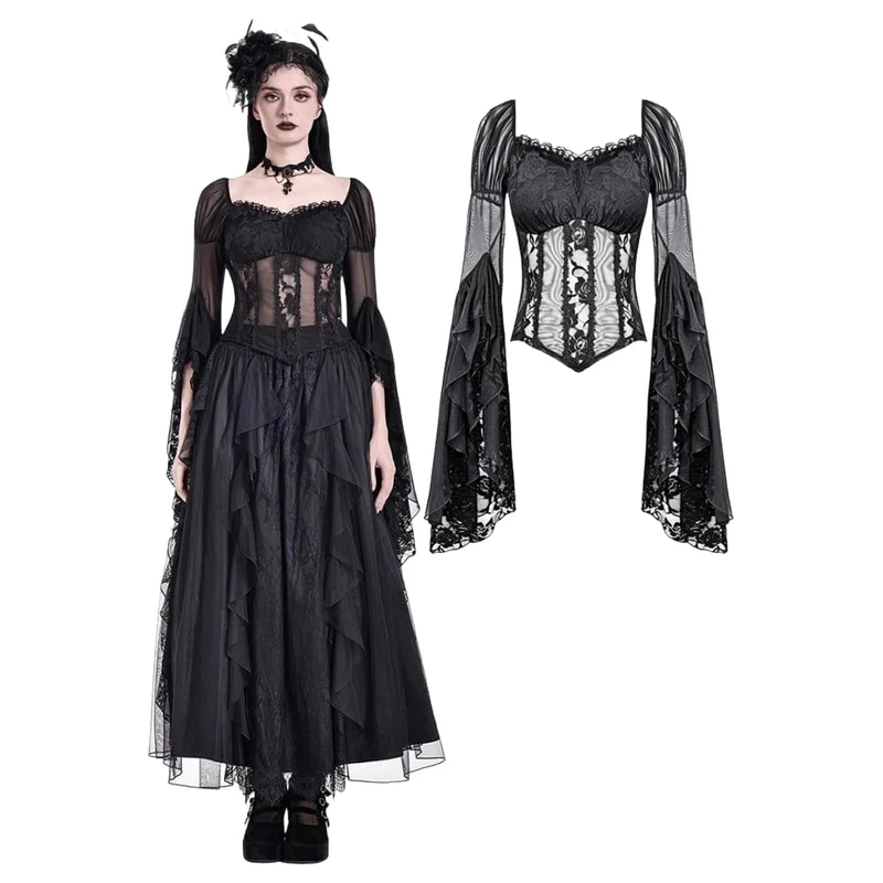 Gothic-Top für Damen, transparent, mit Rosen-Spitze, Rüschen und ausgestellten Ärmeln