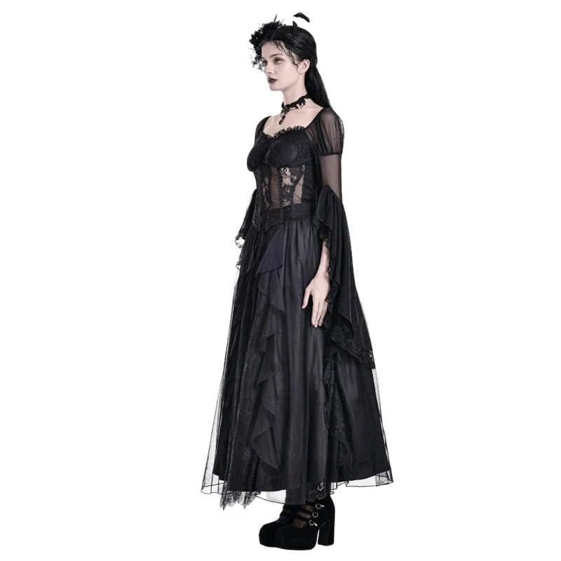 Gothic-Top für Damen, transparent, mit Rosen-Spitze, Rüschen und ausgestellten Ärmeln