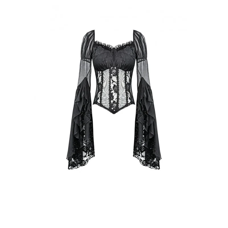 Gothic-Top für Damen, transparent, mit Rosen-Spitze, Rüschen und ausgestellten Ärmeln