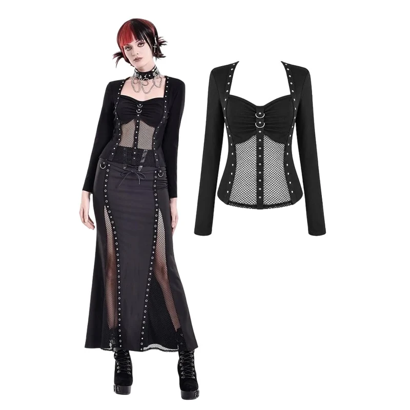 Cyberpunk-Damen-Top mit Nietenbesatz, Mesh-Patchwork, eckigem Kragen und langen Ärmeln