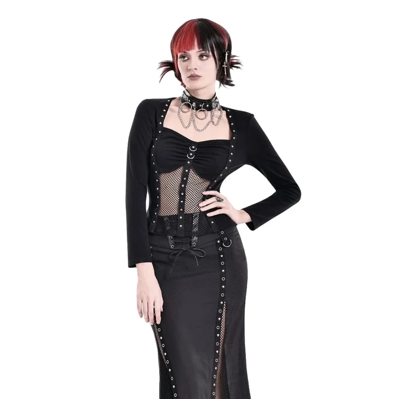 Cyberpunk-Damen-Top mit Nietenbesatz, Mesh-Patchwork, eckigem Kragen und langen Ärmeln