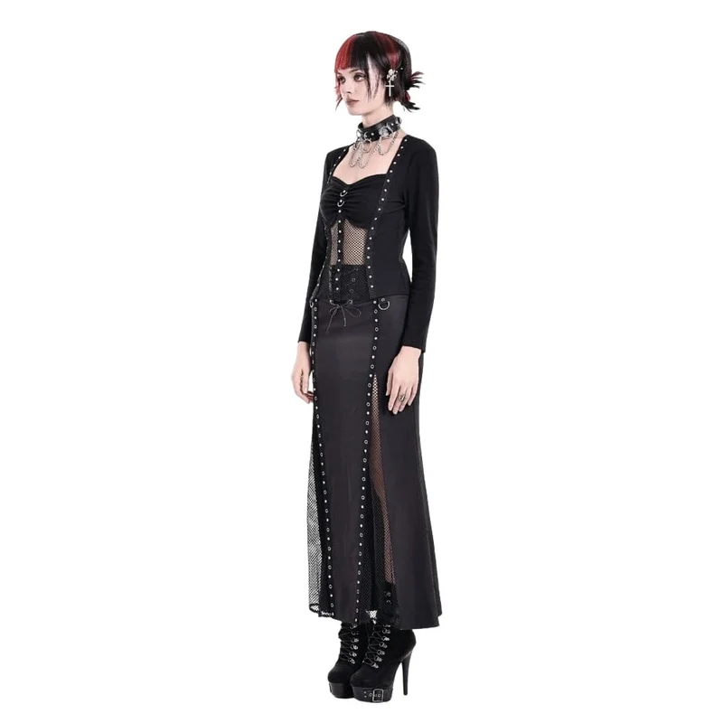 Cyberpunk-Damen-Top mit Nietenbesatz, Mesh-Patchwork, eckigem Kragen und langen Ärmeln