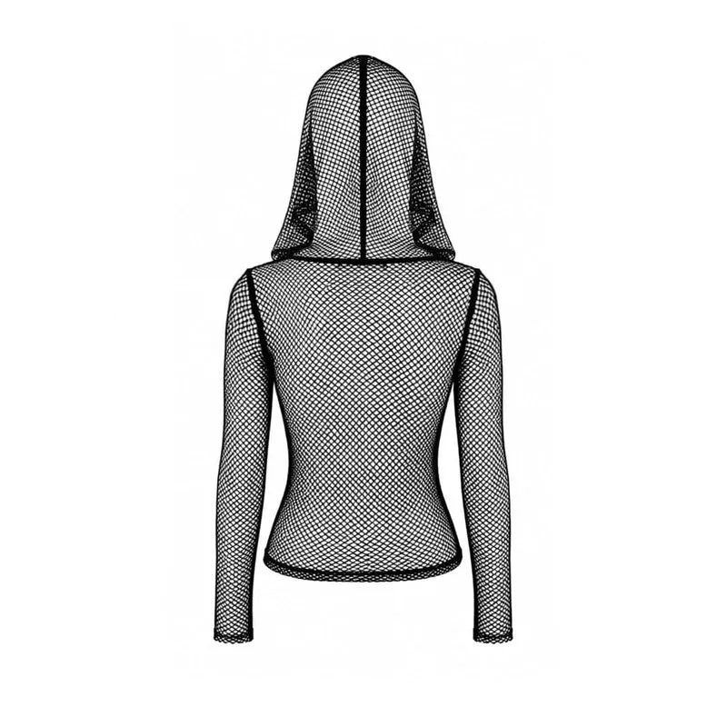 Gothic-Damen-Kapuzenoberteil mit Nieten, Reißverschluss, langen Ärmeln und Netzstoff