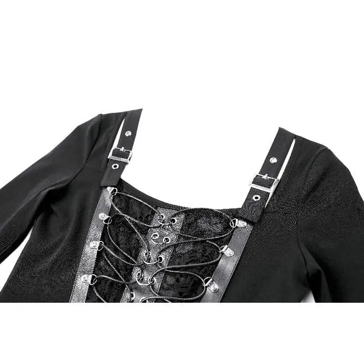 Punk-Damen-Top mit Schnürung, Schnallenriemen, eckigem Kragen und langen Ärmeln