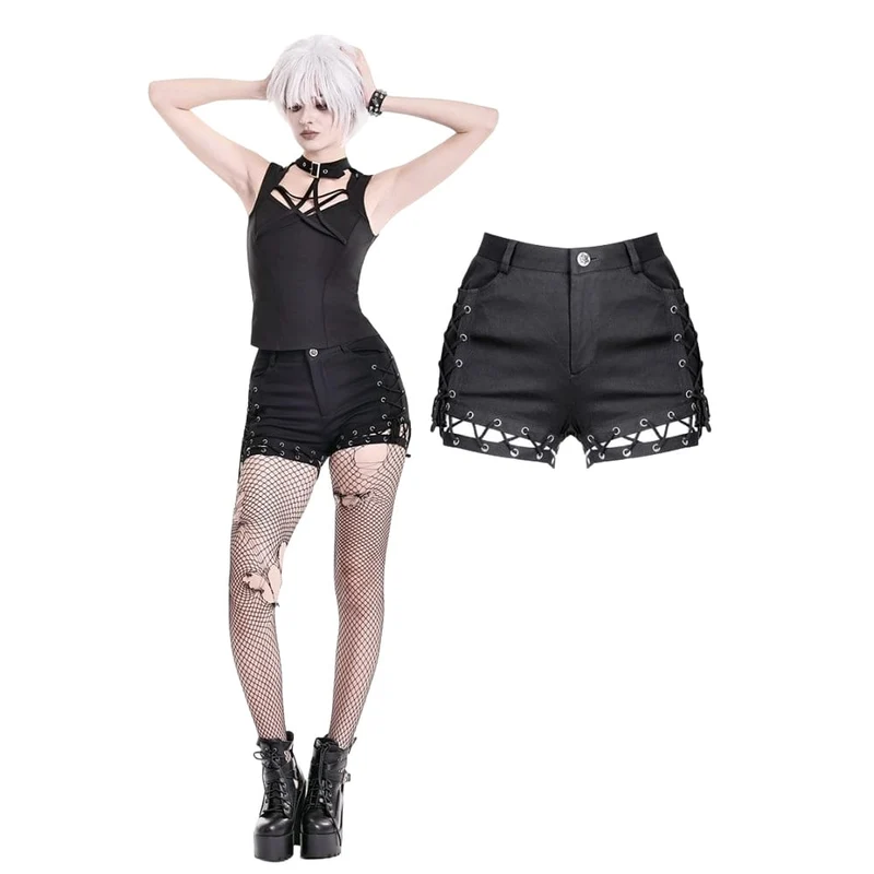 Punk-Shorts für Damen mit Ösen, Schnürung und Cut-outs