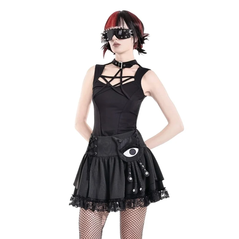 Punk-Minirock für Damen mit Schnürung, floralem Spitzen-Patchwork und Applikationen in Form eines bösen Blicks und Tentakeln