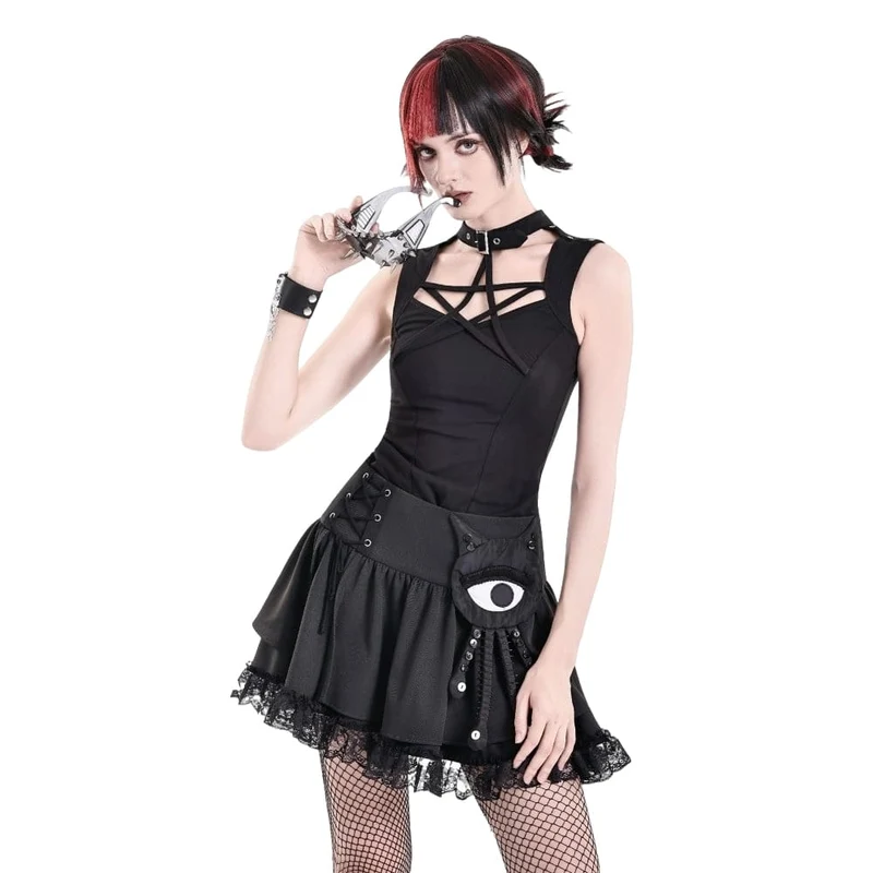 Punk-Minirock für Damen mit Schnürung, floralem Spitzen-Patchwork und Applikationen in Form eines bösen Blicks und Tentakeln