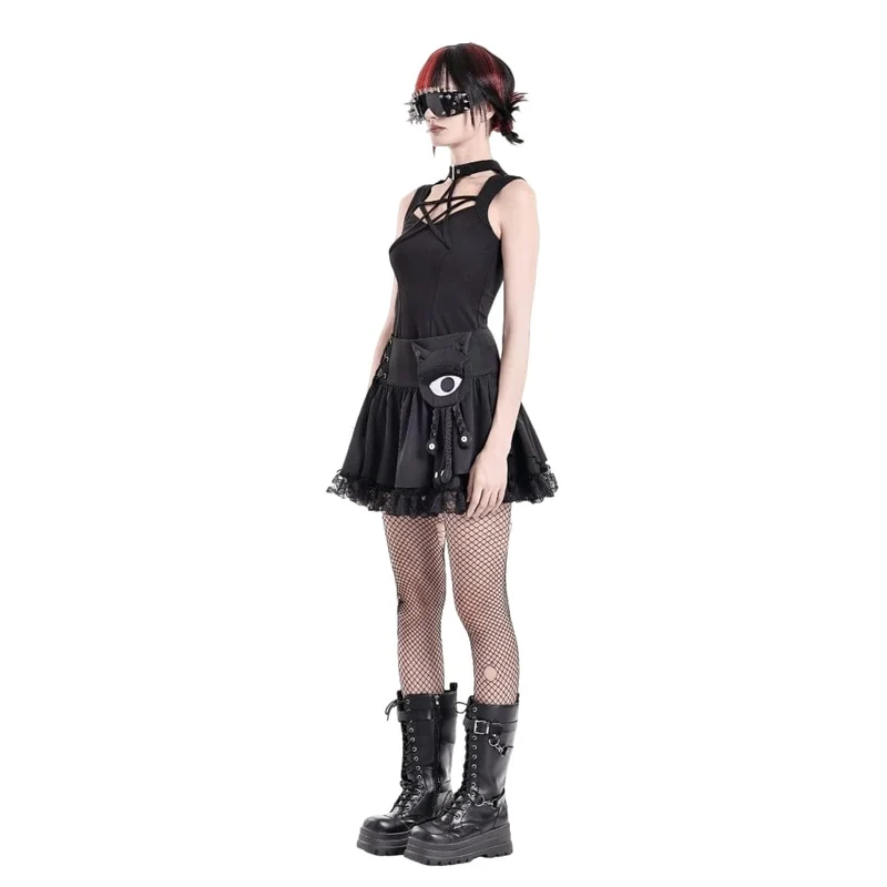 Punk-Minirock für Damen mit Schnürung, floralem Spitzen-Patchwork und Applikationen in Form eines bösen Blicks und Tentakeln