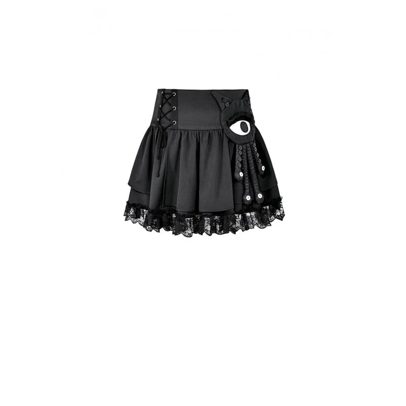 Punk-Minirock für Damen mit Schnürung, floralem Spitzen-Patchwork und Applikationen in Form eines bösen Blicks und Tentakeln