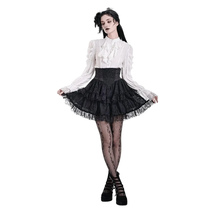 Gothic-Minirock für Damen mit Spitzenapplikationen, Rüschen und hohem Bund