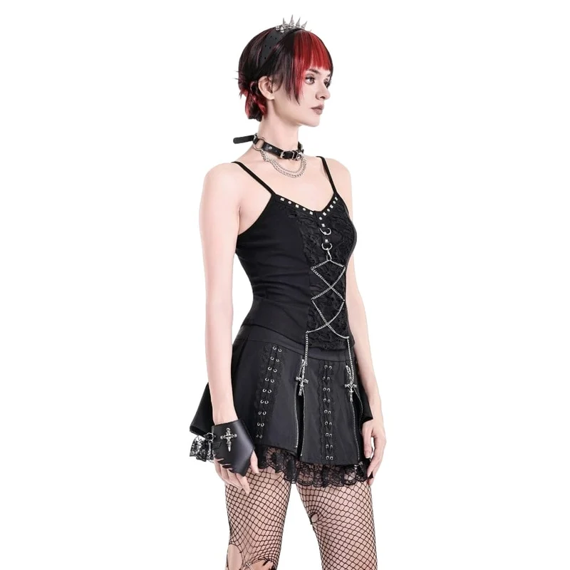Punk Minirock für Damen mit floralem Spitzen-Patchwork und überkreuztem Reißverschluss
