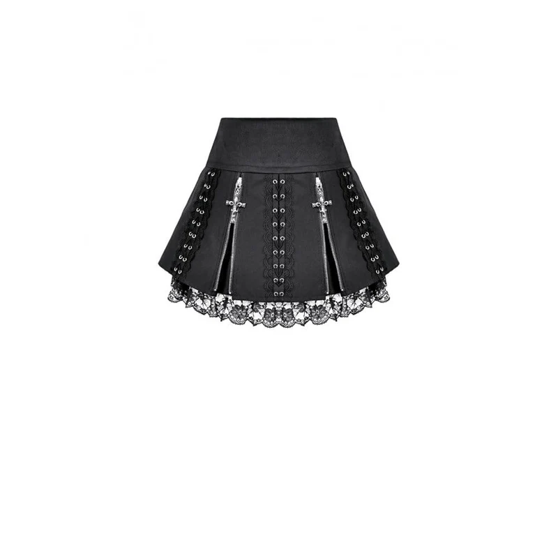 Punk Minirock für Damen mit floralem Spitzen-Patchwork und überkreuztem Reißverschluss