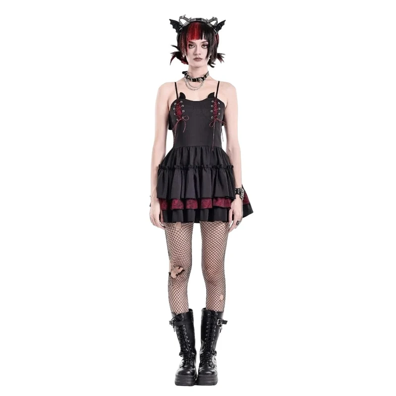 Gothic-Schnürkleid für Damen, zweifarbig, mit Rüschensaum und Lagenlook, Abschlusskleid