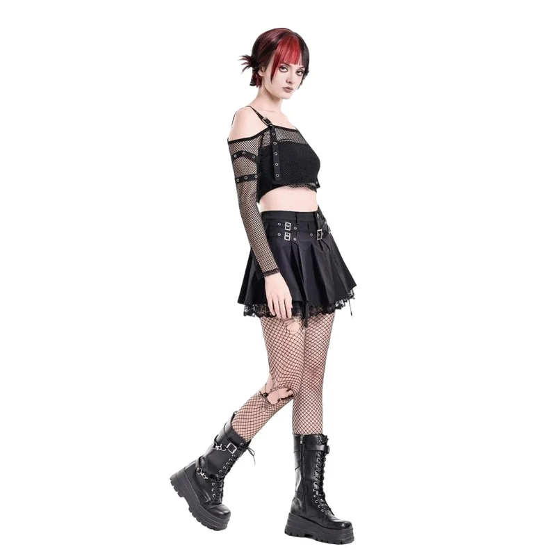 Damen-Punk-Rock mit Spitzen-Patchwork, Schnallenriemen und Falten