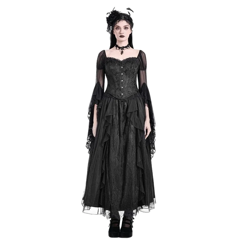 Schwarzes Gothic-Schnürkorsett aus Jacquard-Stoff mit Überbrustumfang für Damen