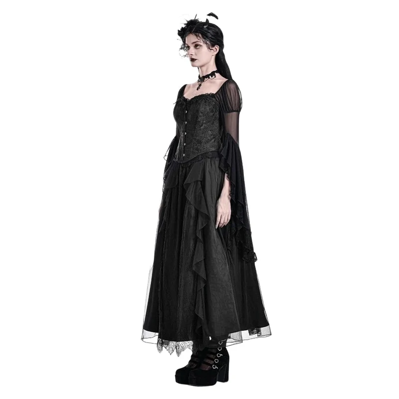 Schwarzes Gothic-Schnürkorsett aus Jacquard-Stoff mit Überbrustumfang für Damen