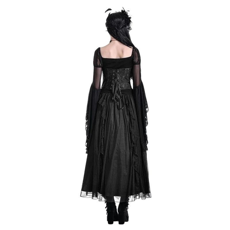 Schwarzes Gothic-Schnürkorsett aus Jacquard-Stoff mit Überbrustumfang für Damen