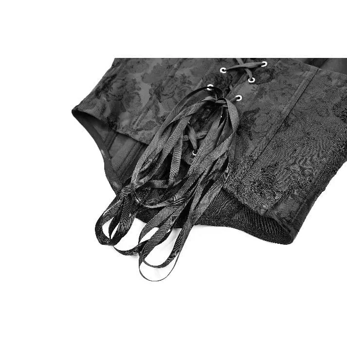 Schwarzes Gothic-Schnürkorsett aus Jacquard-Stoff mit Überbrustumfang für Damen