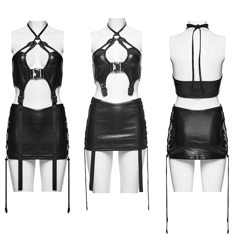 Punk-Neckholder-Dessous für Damen mit Cut-out-Schnallenriemen