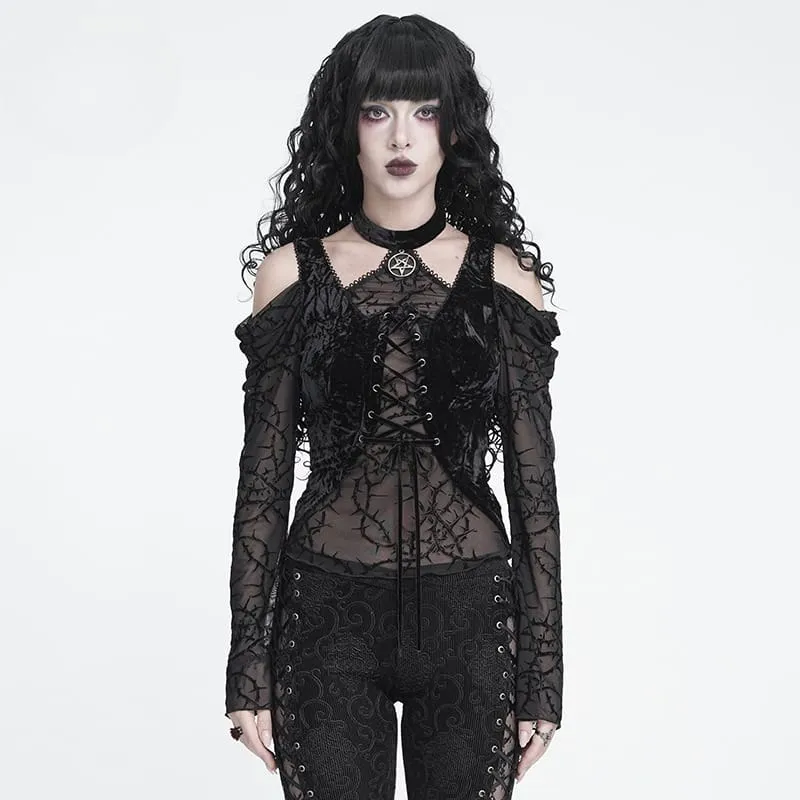 Gothic-Schnürtop mit Dornenranken-Motiv für Damen, schulterfrei, aus Mesh