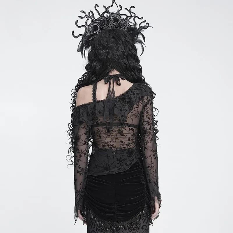 Gothic-Top für Damen, asymmetrisch, mit Blumenmuster und Spinnennetz-Design