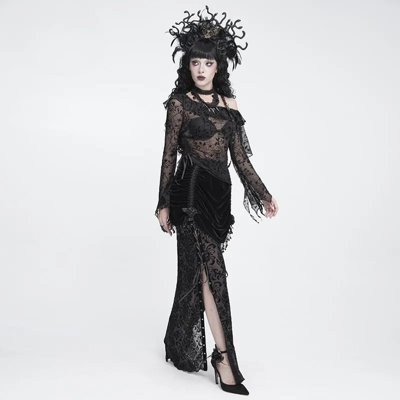 Gothic-Top für Damen, asymmetrisch, mit Blumenmuster und Spinnennetz-Design