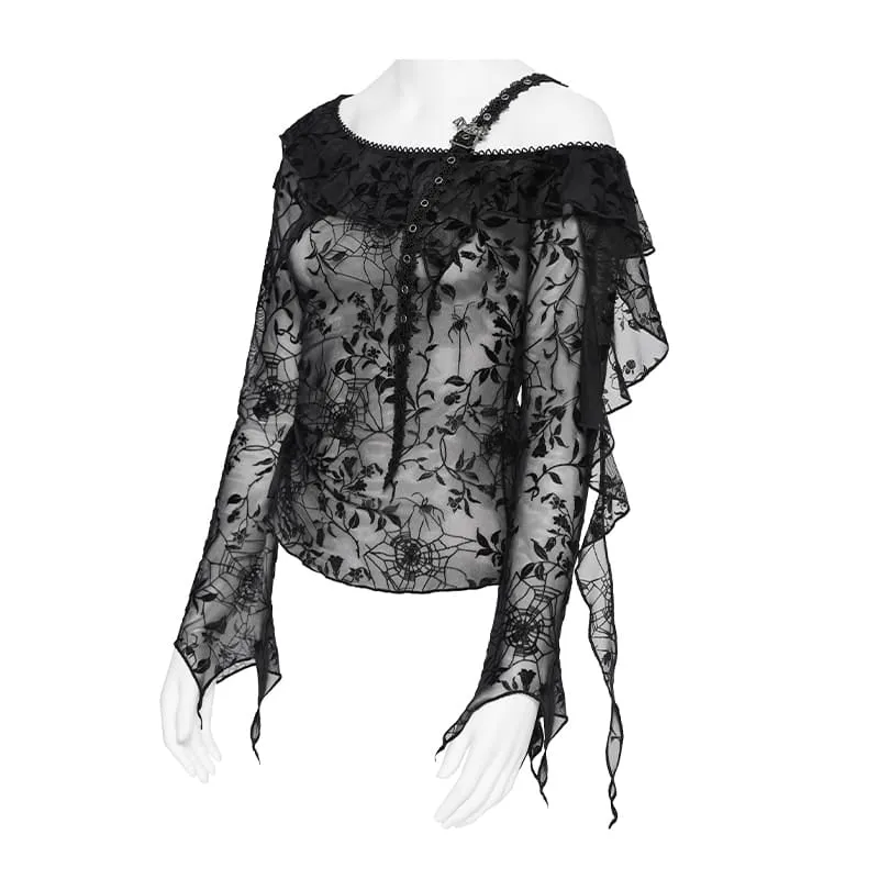 Gothic-Top für Damen, asymmetrisch, mit Blumenmuster und Spinnennetz-Design