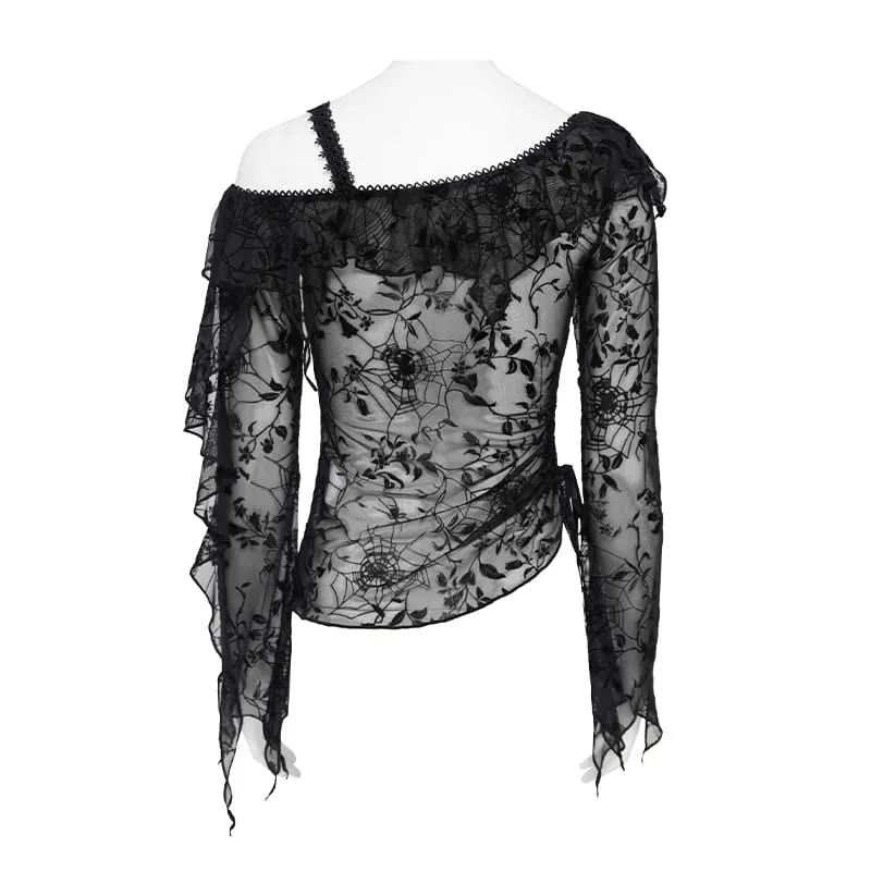 Gothic-Top für Damen, asymmetrisch, mit Blumenmuster und Spinnennetz-Design