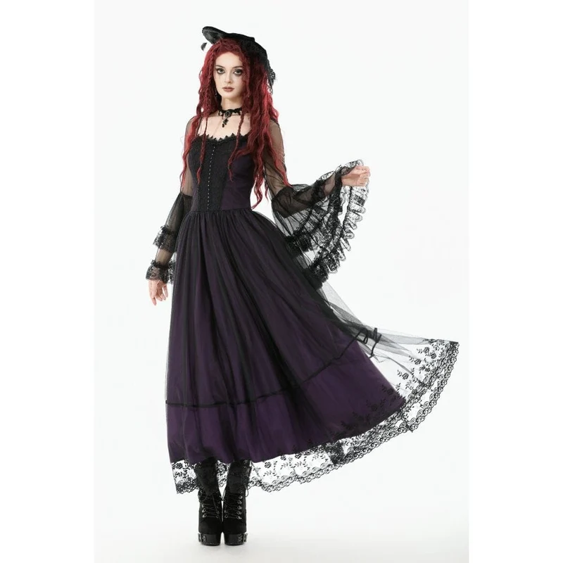 Gothic-Maxikleid für Damen, violett, mit eckigem Kragen und ausgestellten Ärmeln, Hochzeitskleid